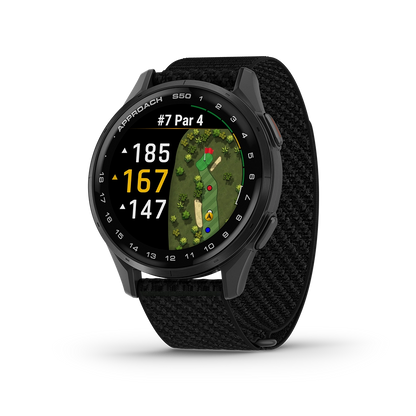 Garmin Approach S50 svart golfklocka i profil med ComfortFit-rem