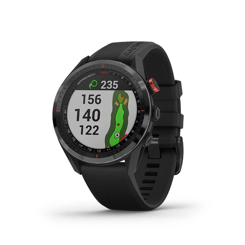 Garmin Approach S62 svart golfklocka i profil med QuickFit-armband