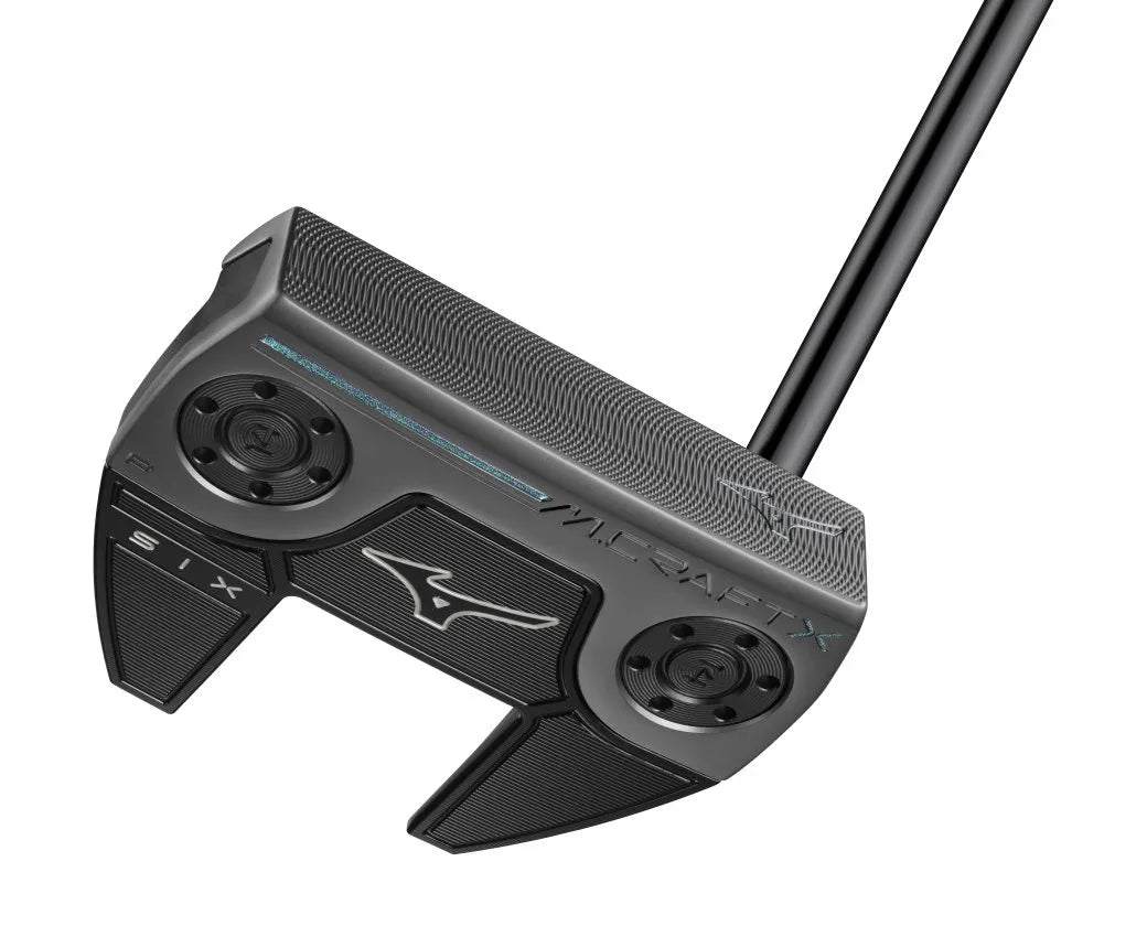 Mizuno M.Craft X B6 winged mallet-putter med double bend-hals, sedd ovanifrån vid adress