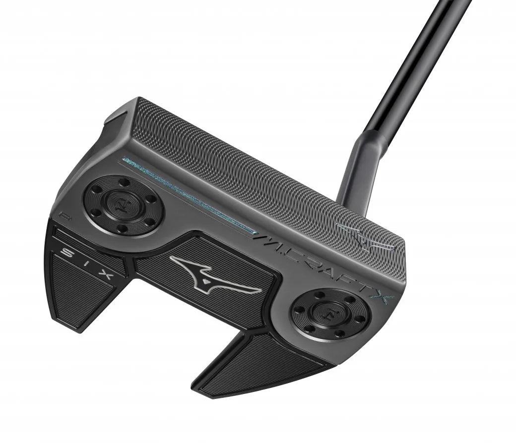 Mizuno M.Craft X S6 winged mallet-putter med slant neck, sedd ovanifrån vid adress