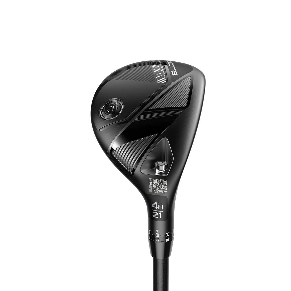 Cobra OPTM Hybrid i svart finish sedd ur adress-position, med bred och grund klubbprofil för hög MOI och FutureFit33-hosel synlig vid skaft-fästet
