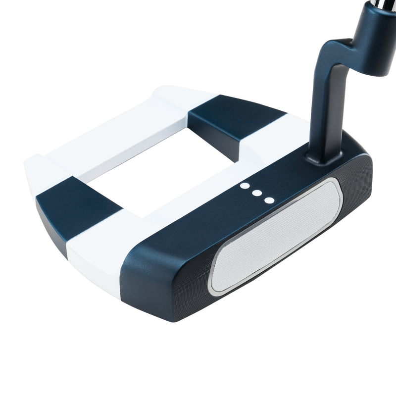 Odyssey AI-ONE Jailbird Mini mallet-putter, sedd ovanifrån med långsträckt siktlinje vid adress