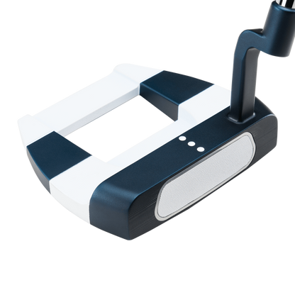 Odyssey AI-ONE Jailbird Mini mallet-putter, sedd ovanifrån med långsträckt siktlinje vid adress
