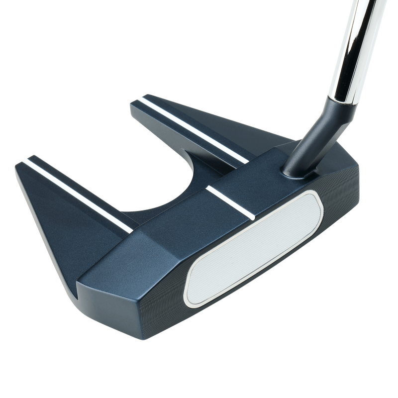 Odyssey AI-ONE Seven S fang-mallet putter, sedd ovanifrån vid adress