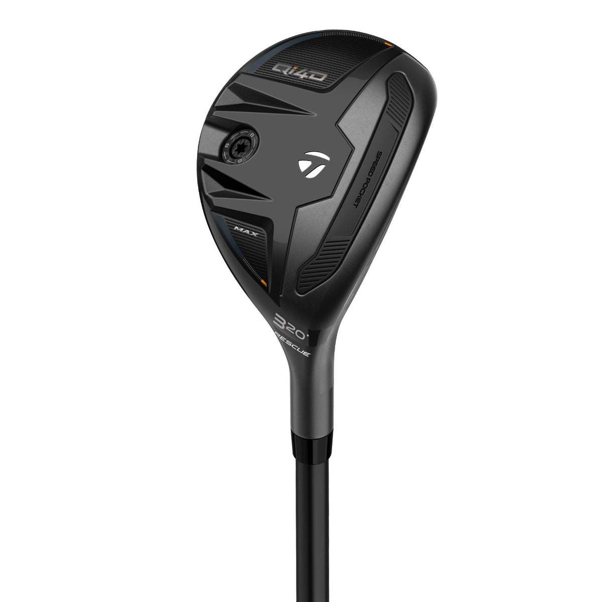 TaylorMade Qi4D Max Rescue hybrid, klubbhuvudet sett snett framifrån