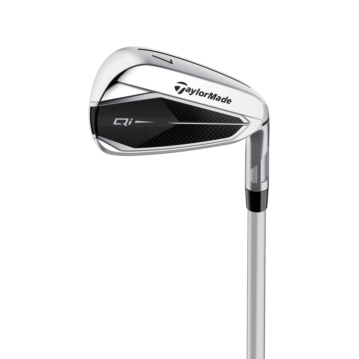 TaylorMade Qi Dam järnset i grafit, klubbhuvudena sedda snett framifrån
