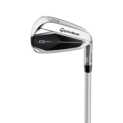 TaylorMade Qi Dam järnset i grafit, klubbhuvudena sedda snett framifrån